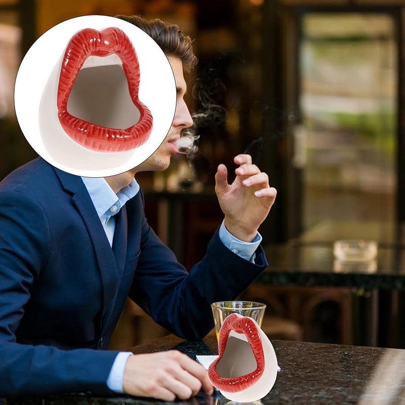 Creative Red Ceramic Lip Shape Ashtray Smokeless Cigar Holder for Indoor Outdoor Home Decor - Image 3